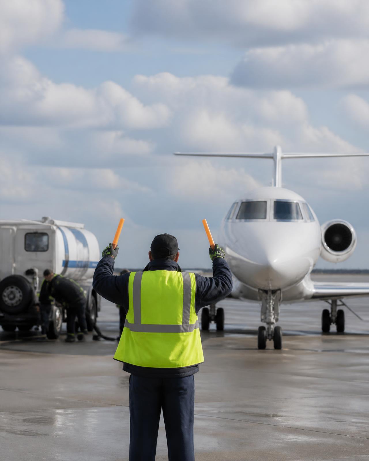 National Jets line service marshalling a business jet