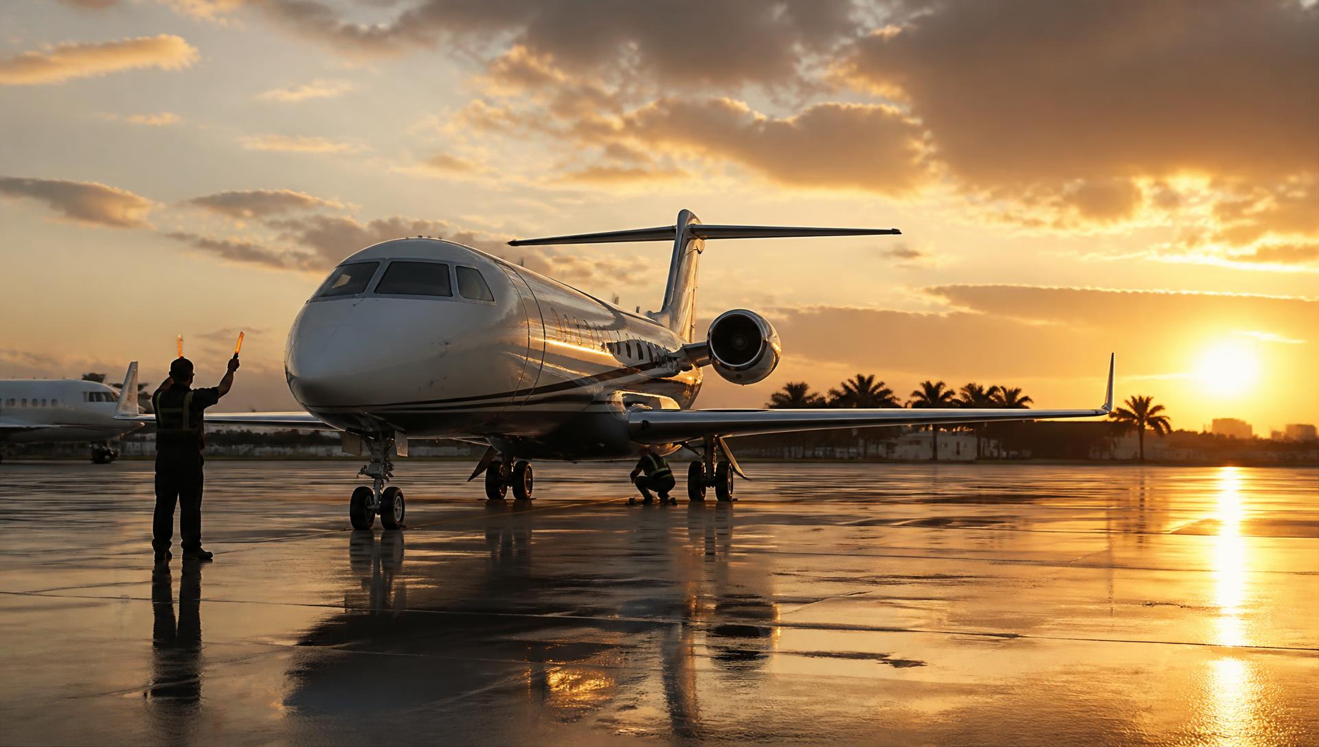 Business jet on the National Jets ramp at Fort Lauderdale-Hollywood International Airport at sunset