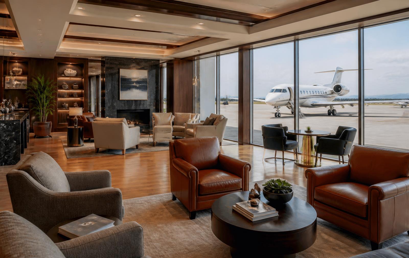 Passenger lounge at the National Jets Air Center overlooking the ramp