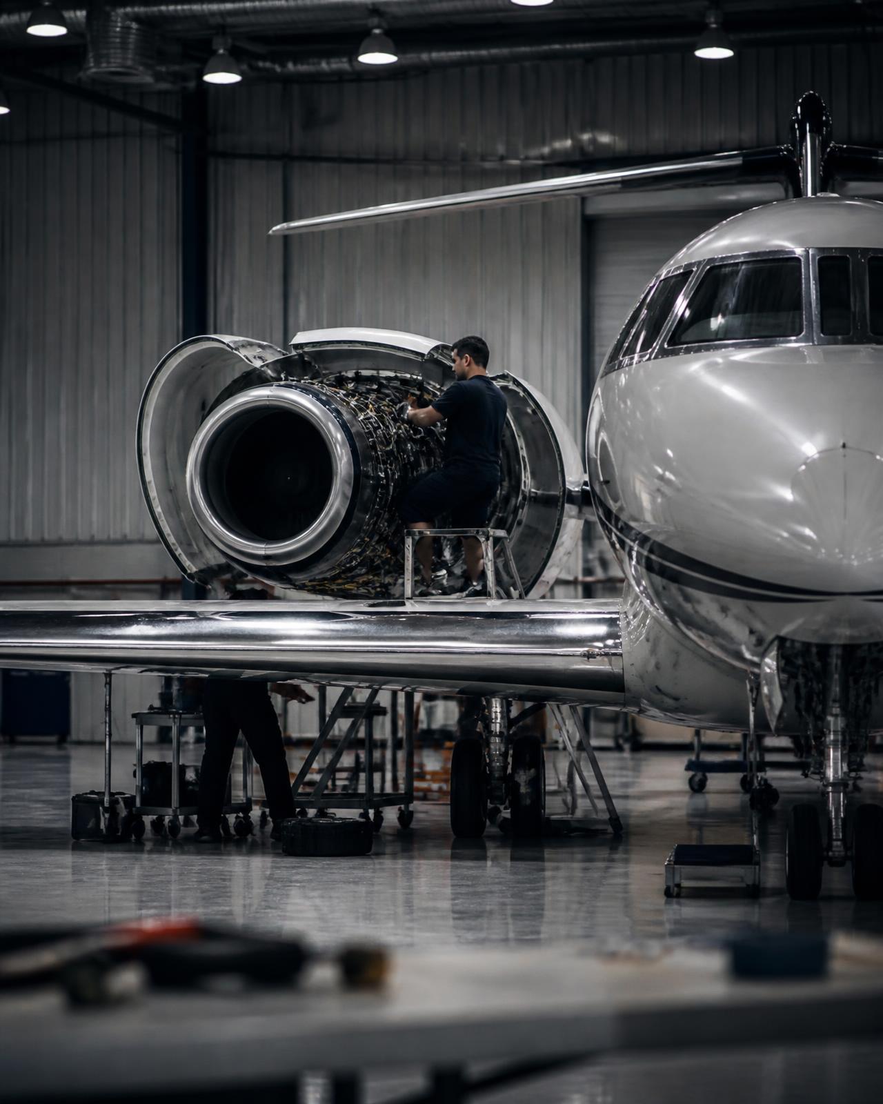 Technicians working on a business jet inside the National Jets maintenance hangar