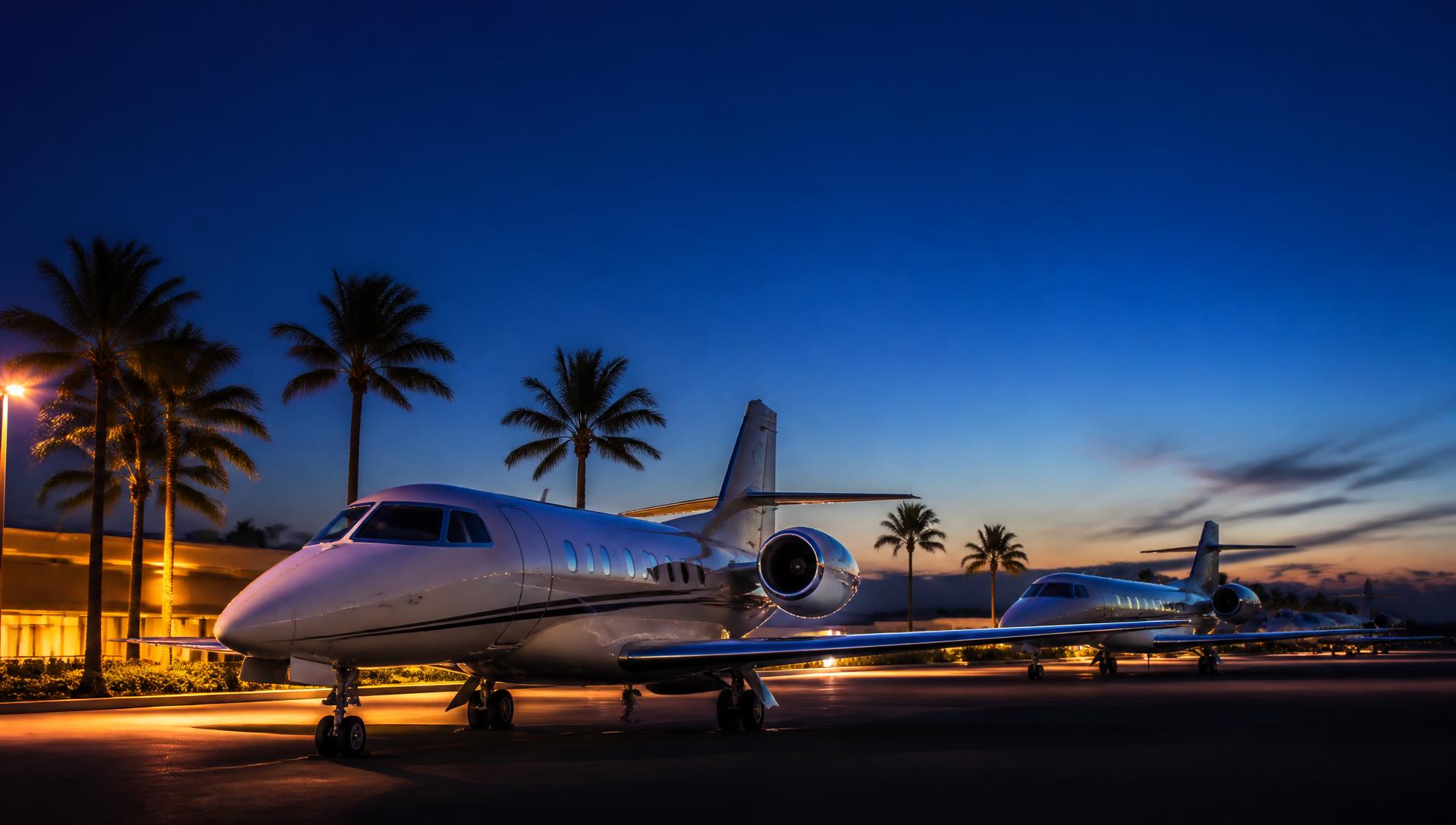 Business aircraft parked on the National Jets ramp at twilight
